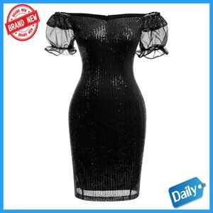 3/4 Sleeve V-Neck Sequin Bodycon Dress for Club Party Wedding Evening